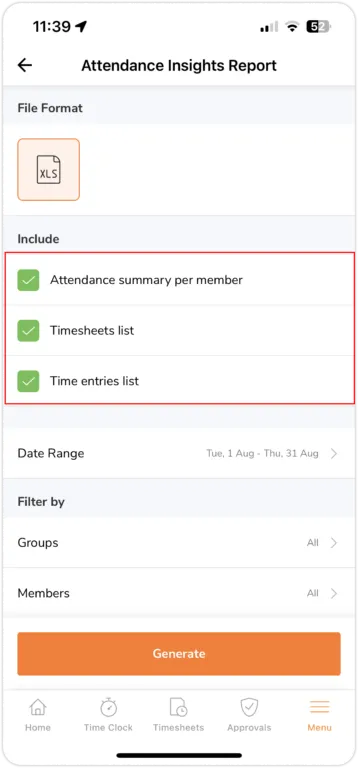 Selecting optional files to download for attendance insights reports