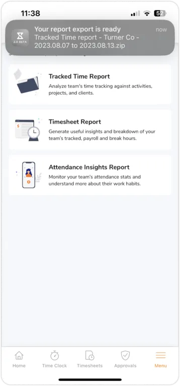 Tracked time report exported via the mobile app