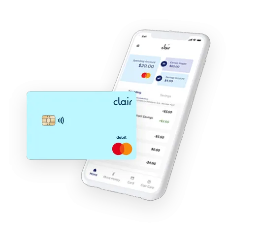 uAttend graphic showing Clair debit card and earlyPay dashboard on mobile