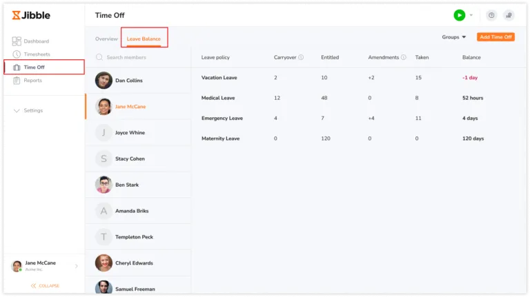 Accessing leave balance tab on the web app