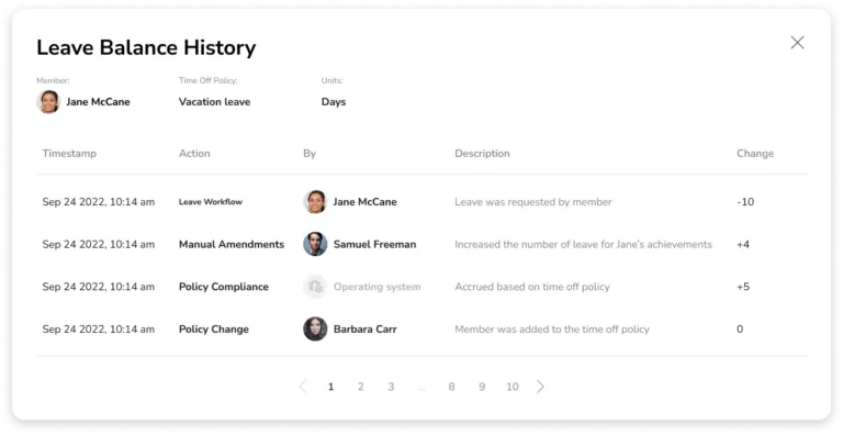 Logs of leave balance history for a time off policy