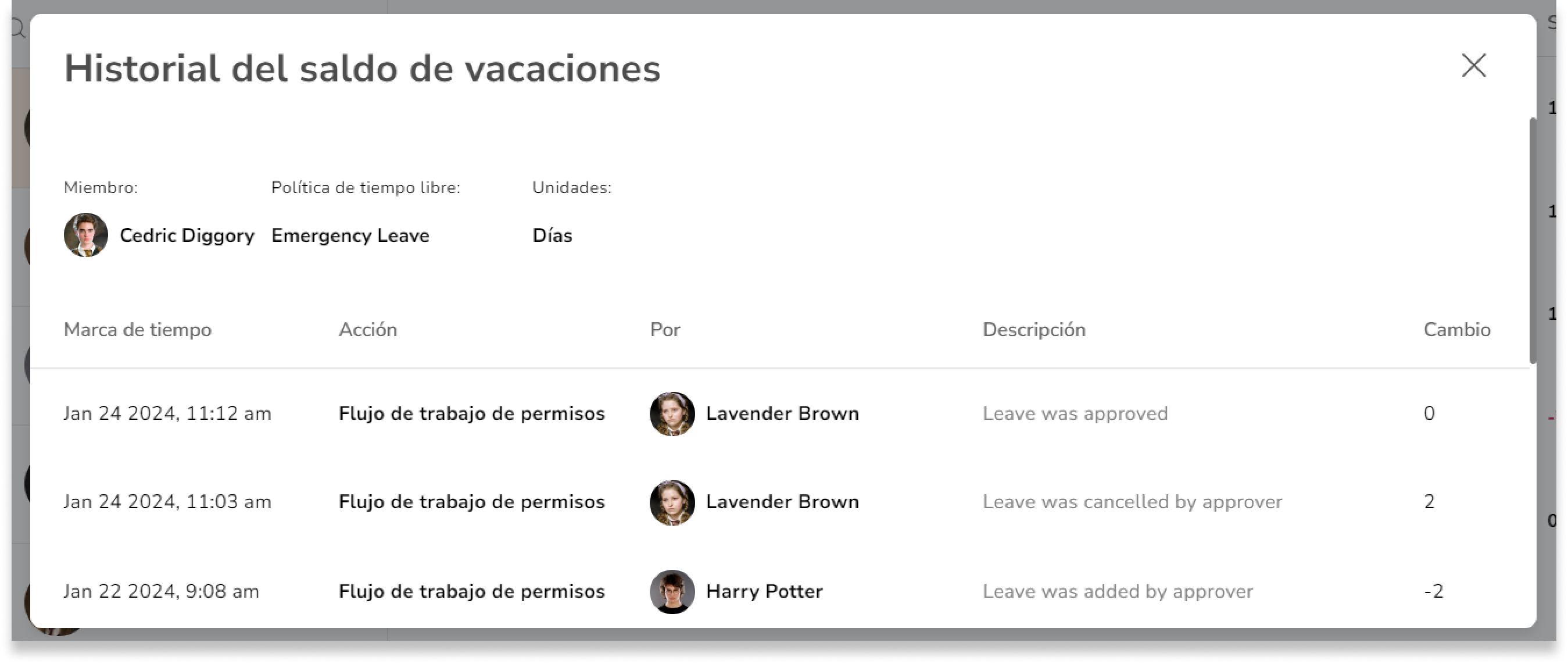 Los registros del historial de tiempo libre suelen incluir información como la fecha, el tipo de acción, el usuario que realizó el cambio, las descripciones y el cambio aplicado.