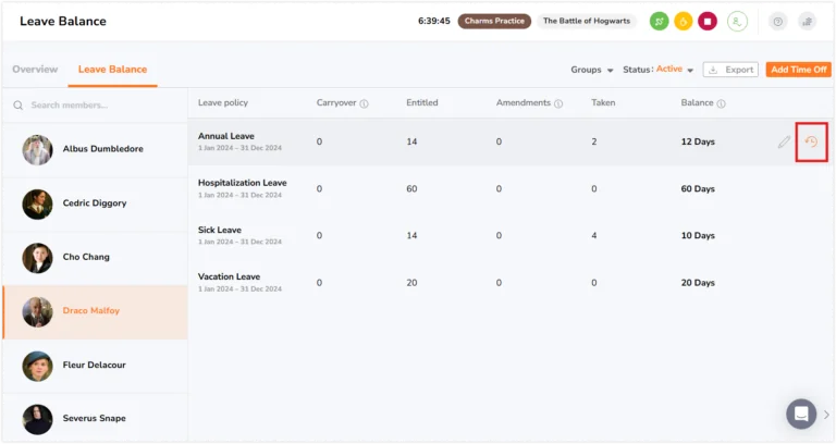History log button on time off leave balance