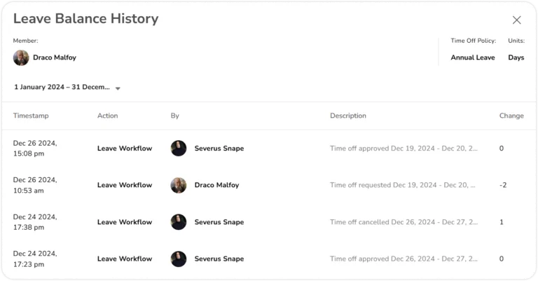 Time off history under leave balance