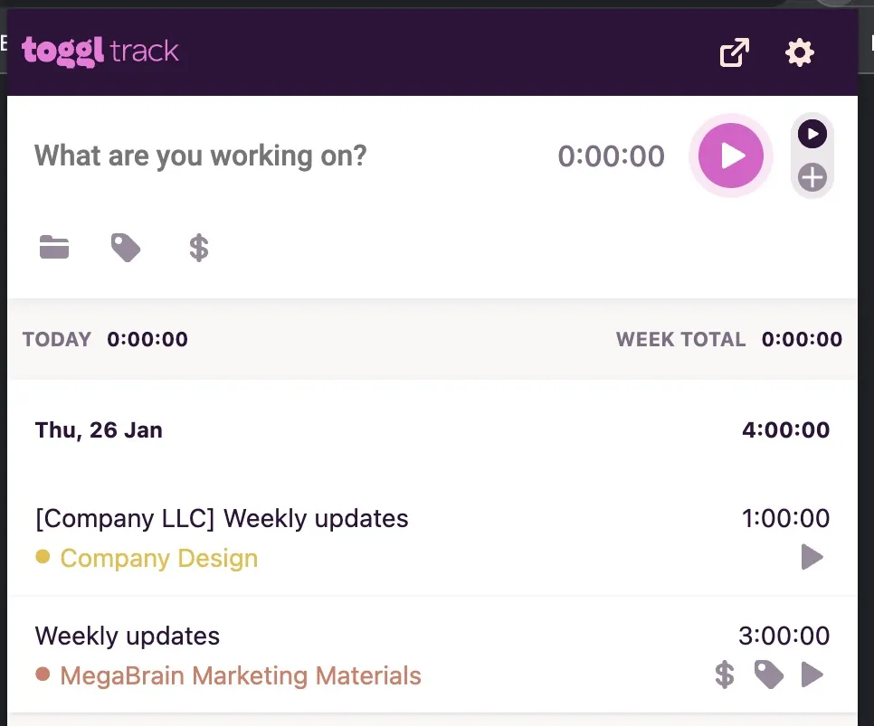 Extensão do Chrome do Toggl Track