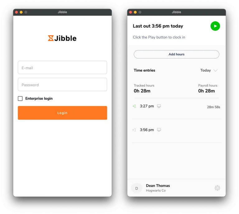 Logging in and clocking in on desktop app