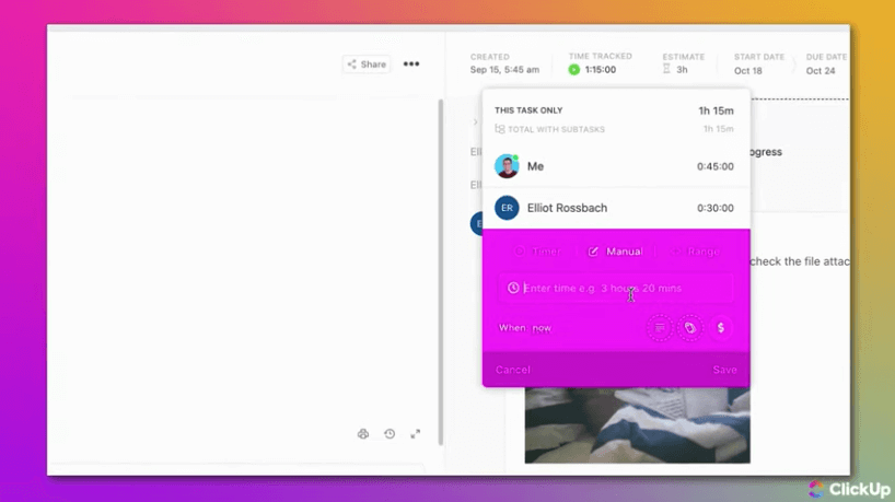 クリックアップのダッシュボードから使えるタイムトラッキング機能