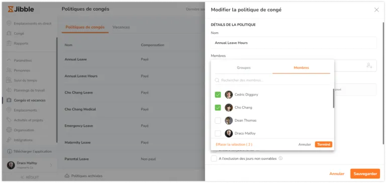 Affectation de membres à une politique de congé