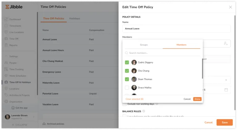 Assigning members and groups to a time off policy