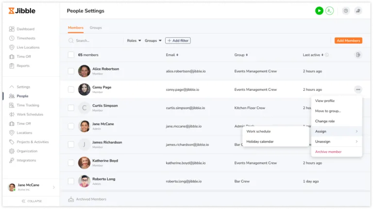Clicking on assign to assign members to entities