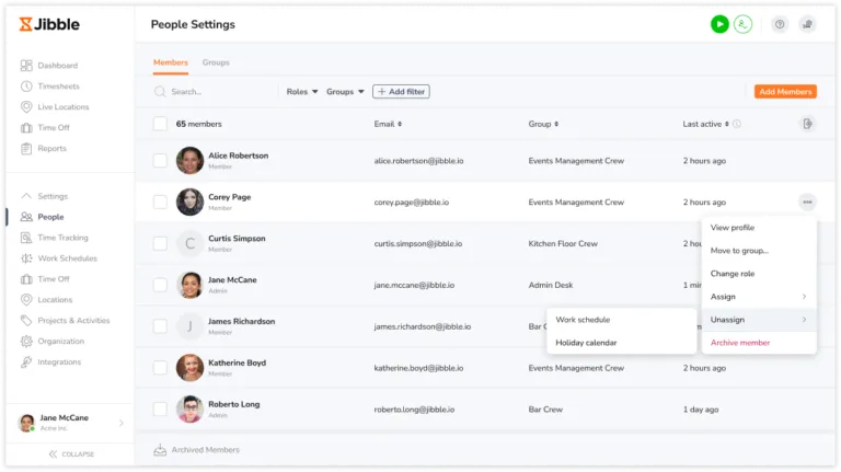 Clicking on unassign to unassign members from entities