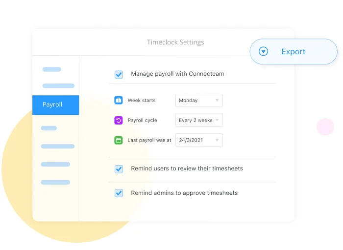 Captura de pantalla de la configuración de nóminas de Connecteam desde la función de reloj registrador.