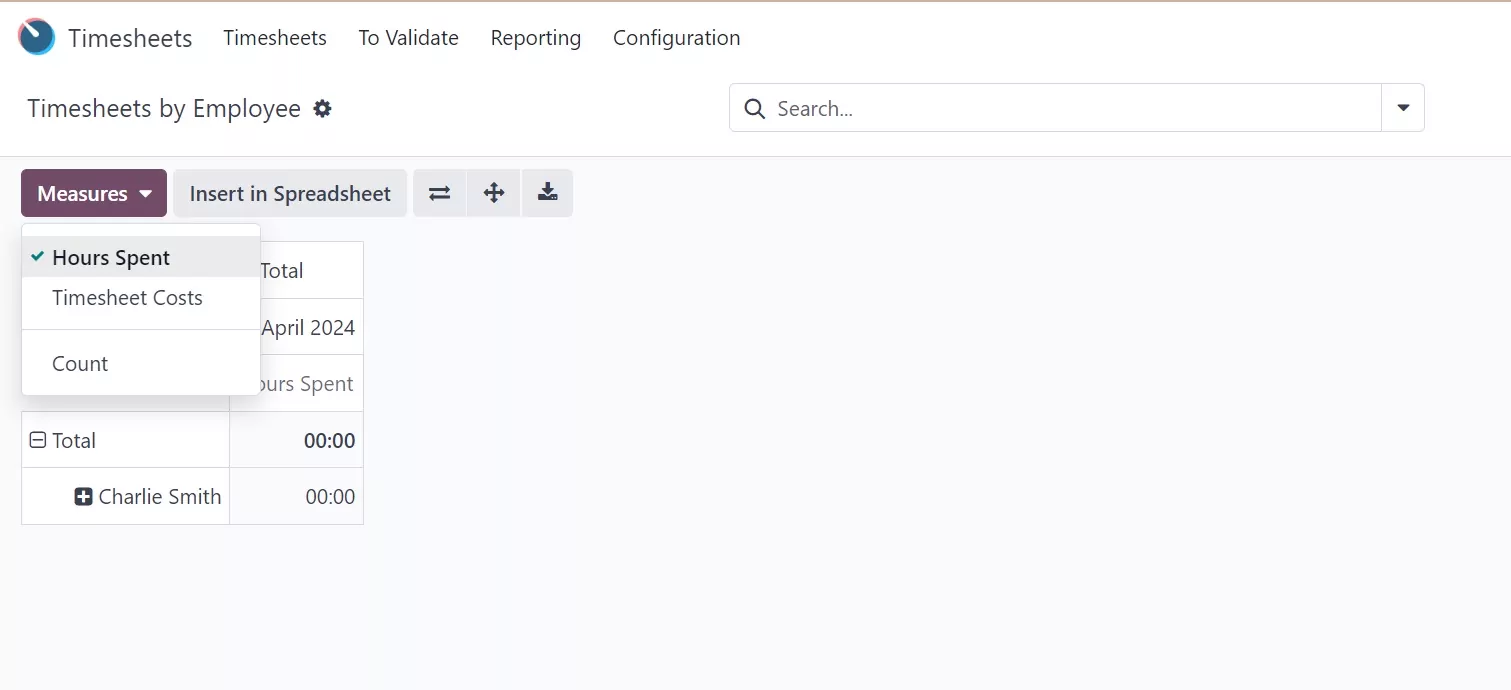 Halaman laporan Odoo Timesheets.