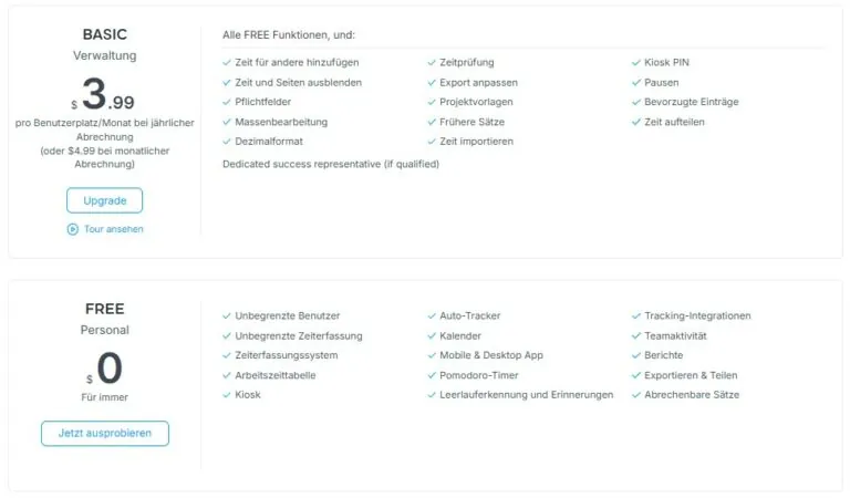 Die kostenlosen und Basis-Preispläne von Clockify mit einer Liste der enthaltenen Funktionen.