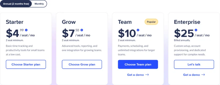View of Hubstaff's pricing tiers