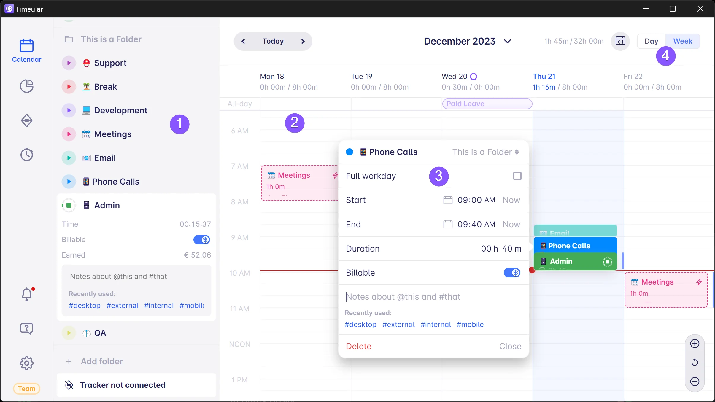 Visualização de calendário no aplicativo do Timeular