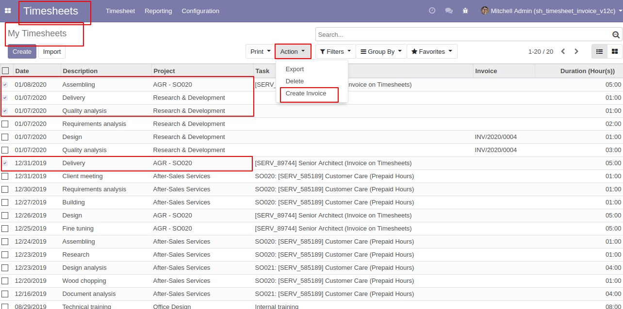 Criando faturas a partir de planilhas de horas no app Odoo Planilha de Horas