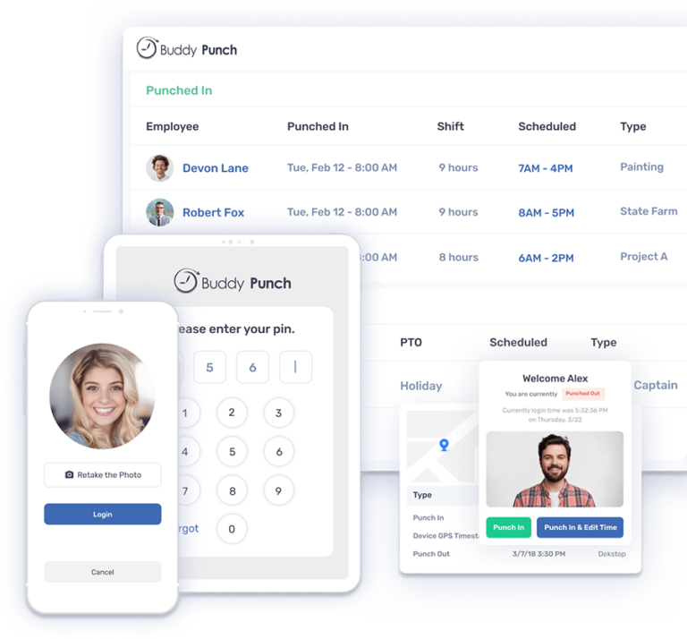 Buddy Punch Kiosk, Web App und Mobile App Ansicht