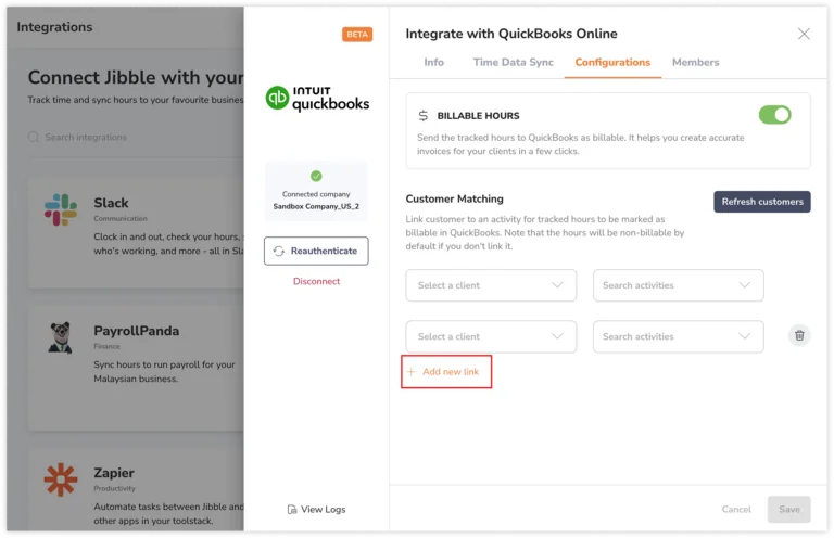 Adding a link between customers in QB and activites in Jibble