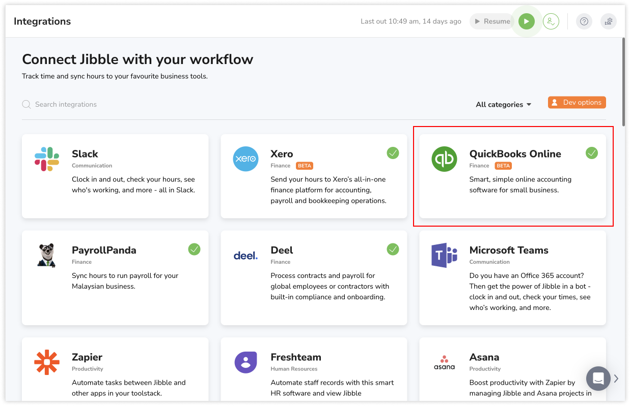 QuickBooks Online連携のカードをクリック