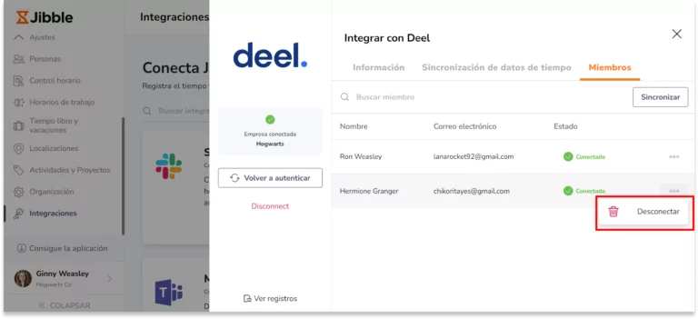 Para desconectar a los miembros de la sincronización, haz clic en el botón de elipsis situado en el extremo derecho del nombre del miembro.