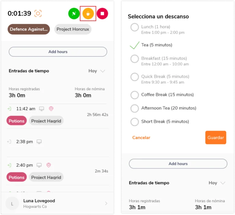 Desktop app - break button and list of breaks page