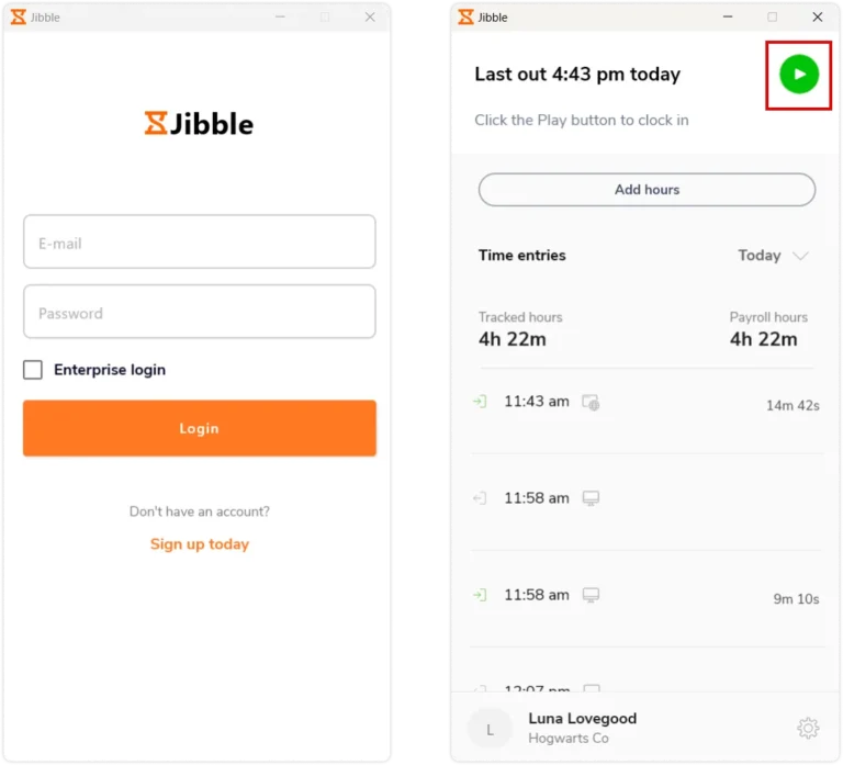 Logowanie i korzystanie z aplikacji do rejestrowania czasu Jibble na Windowsa.
