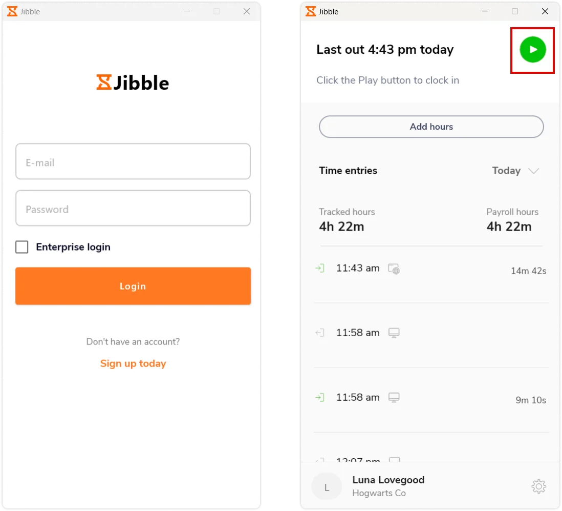 Logowanie i korzystanie z aplikacji do rejestrowania czasu Jibble na Windowsa.