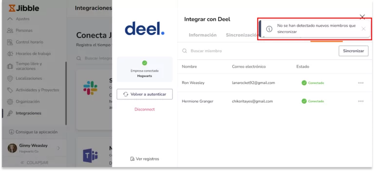 Si todos sus miembros ya tienen sus cuentas vinculadas en Jibble, aparecerá un mensaje: No se han detectado nuevos miembros.