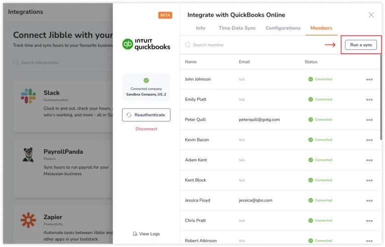 Run a sync button to sync members between QB and Jibble