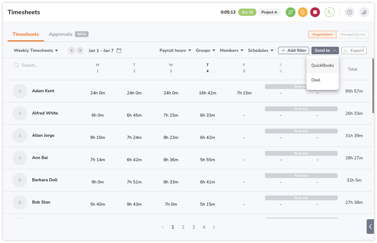 Tombol Kirim ke QuickBooks pada timesheet