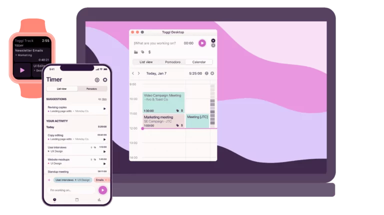 Graphique représentant Toggl Track sur les écrans de différents appareils