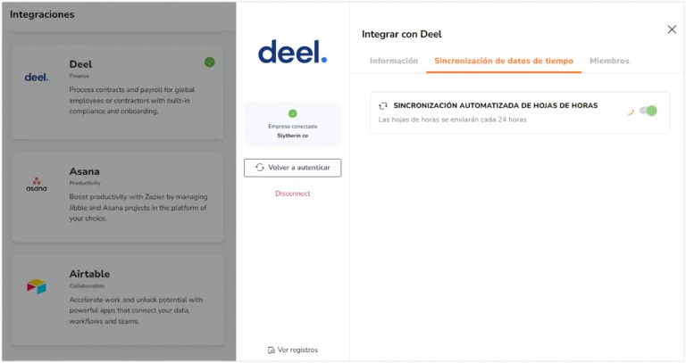 Activa la opción de Sincronización automática de hojas de horas.