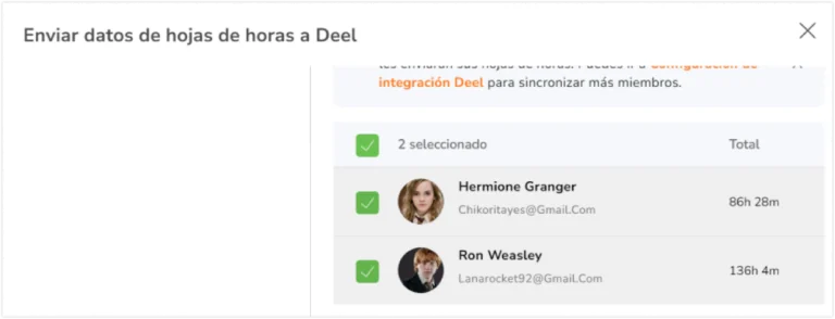 Selecciona un rango de fechas (día, semana, mes) y los respectivos miembros para los que enviar los datos de la hoja de horas.
