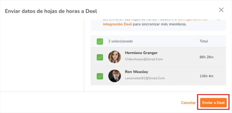 Una vez realizadas todas las selecciones, haz clic en Enviar a Deel.
