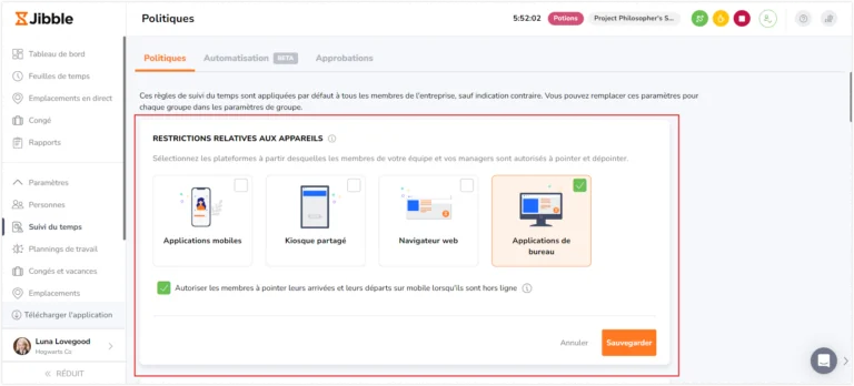 Option de l'application de bureau sur les paramètres de suivi du temps