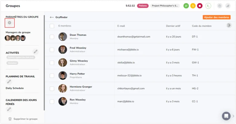 Icône des paramètres sous le groupe