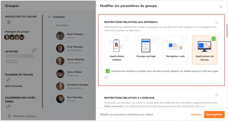 Option de l'application de bureau dans les paramètres du groupe