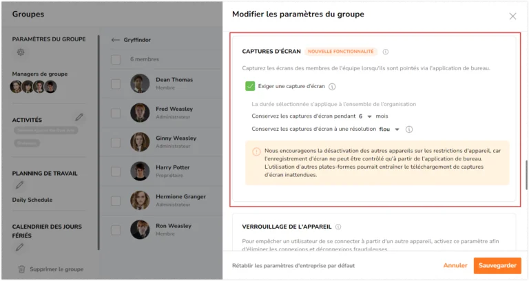 Paramètres de capture d'écran dans les paramètres du groupe