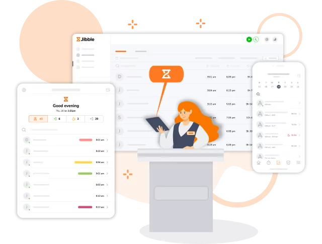 Receptionist tracking time using Jibble on any device.