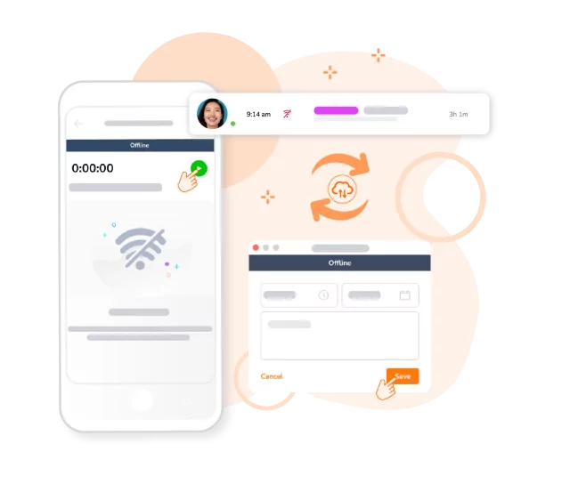 Time entries are saved even when offline and synced to timesheets once back online.