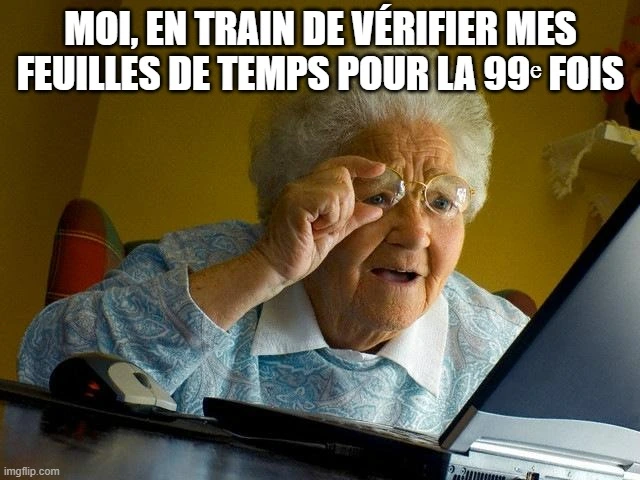 Une grand-mère vérifiant ses feuilles de temps avec ses lunettes.