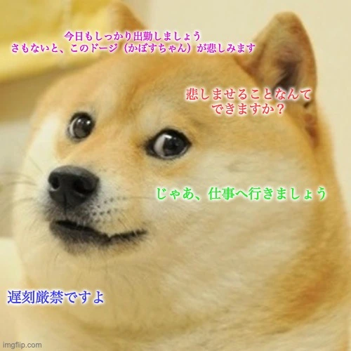 画像全体に文字が書かれたドージのミーム。