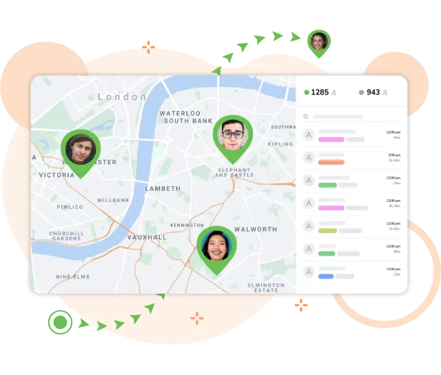 GPS location tracking map showing workforce management of field employees