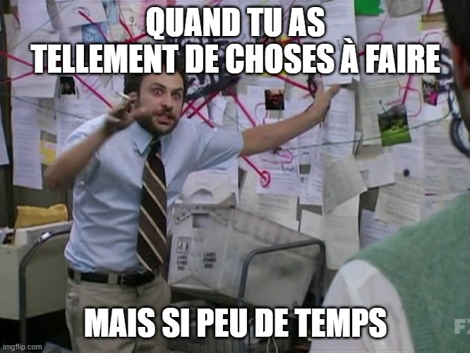 Un homme stressé essayant de comprendre toutes ses tâches sur le tableau.