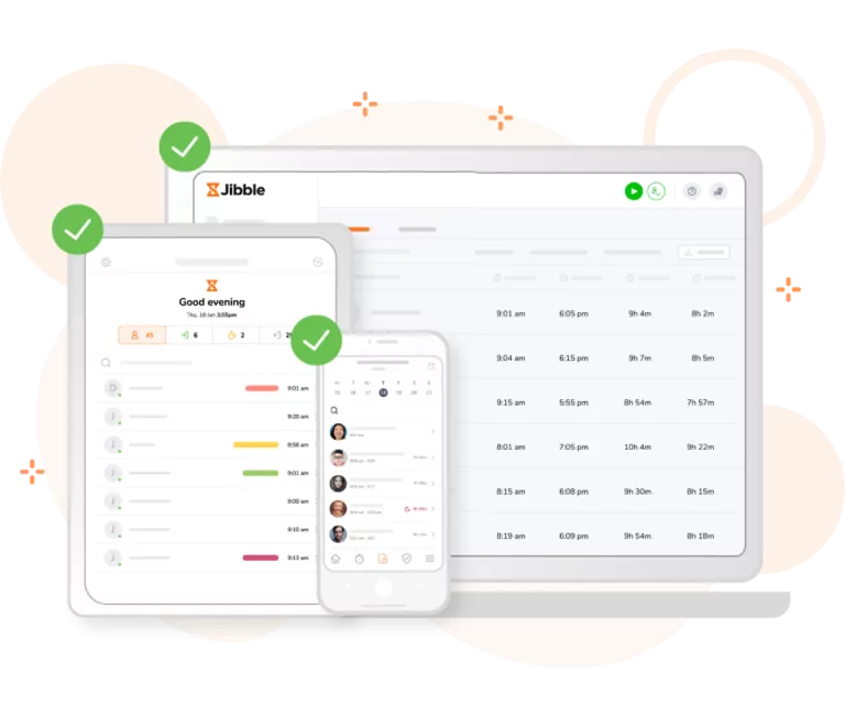 The Jibble attendance app shown on mobile, tablet, and laptop.