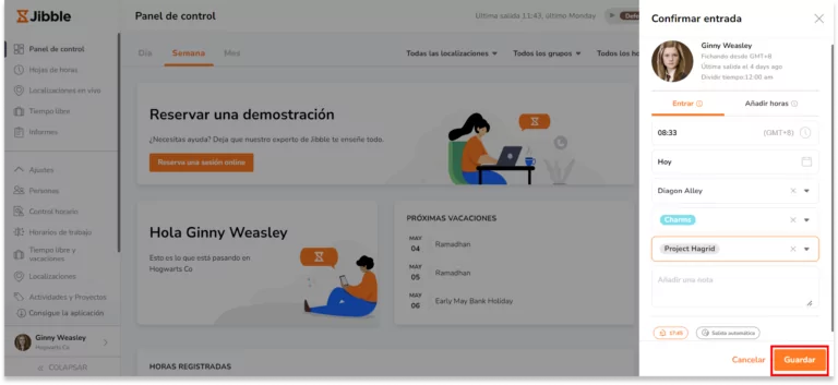 Pulsa en Guardar para fichar.