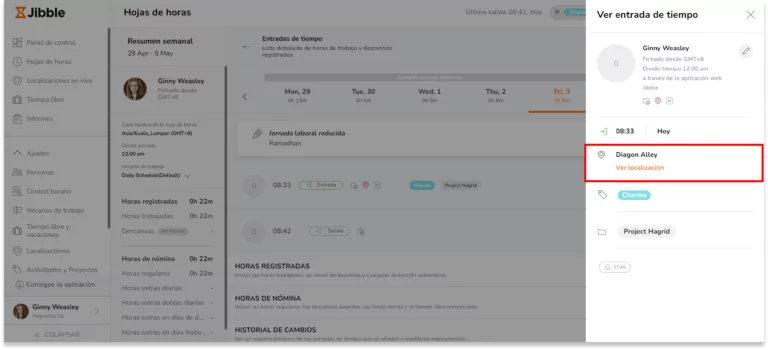 En la vista de entradas de tiempo detalladas, haz clic en una entrada de tiempo concreta para ver los detalles de la ubicación asociada.