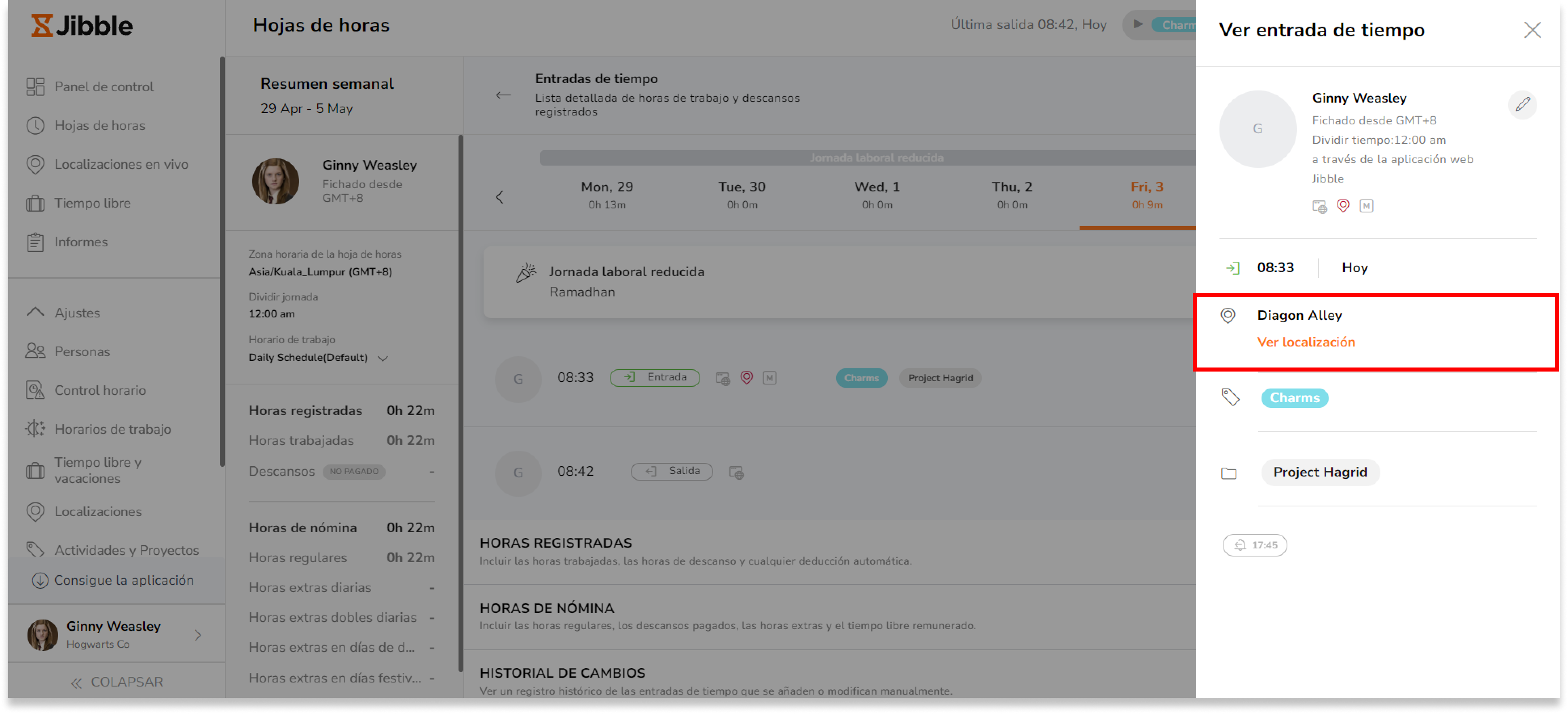 En la vista de entradas de tiempo detalladas, haz clic en una entrada de tiempo concreta para ver los detalles de la ubicación asociada.