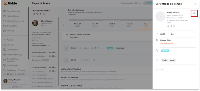 En las entradas de tiempo detalladas, haz clic en el icono del lápiz para hacer ajustes.